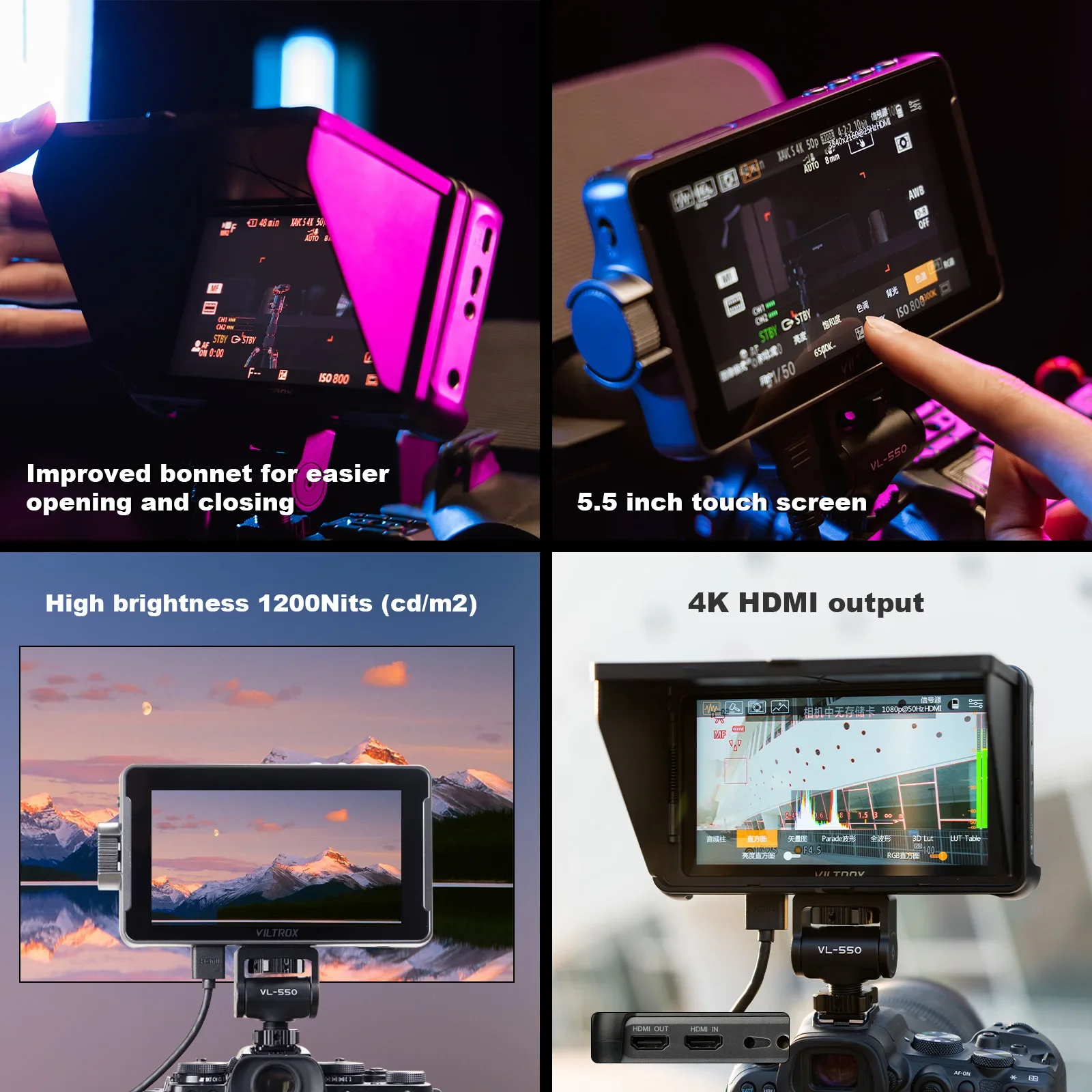 

New VILTROX DC-550 5.5 Inch 1200nits 4K 10bit Field Monitor, Touchscreen 3D LUT Exposure Focus VILTROX Camera Video Monitor