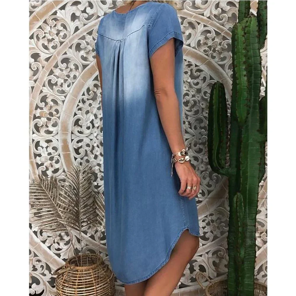 Plus Size 1XL-5XL Denim Dress Women\'s Casual Solid V Neck Long Party Loose New Fashion Short Sleeve Swing Summer Dress