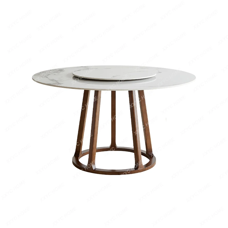 Solid Wood Stone Plate Six-Person Dining Table with Turntable Rotating round Household Small Apartment round Table Dining Table