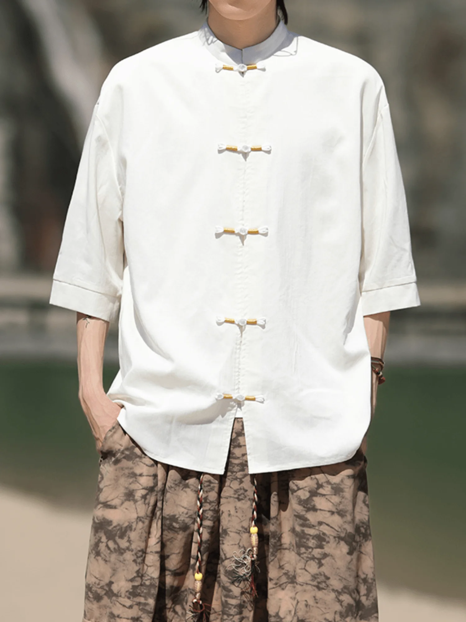 

Summer Casual Loose Fit Short Sleeve Shirt Men's Stand Collar Versatile Big Size Top Trendy Tea Clothing Thin Polyester Fiber