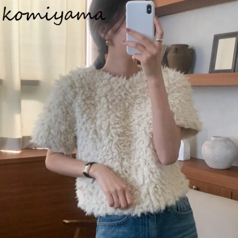 Plush Fur Outerwears Round Neck Short Sleeve Sweater Loose All-match Ropa Mujer Lambswool Pullovers Korean Fashion Pull Femmes