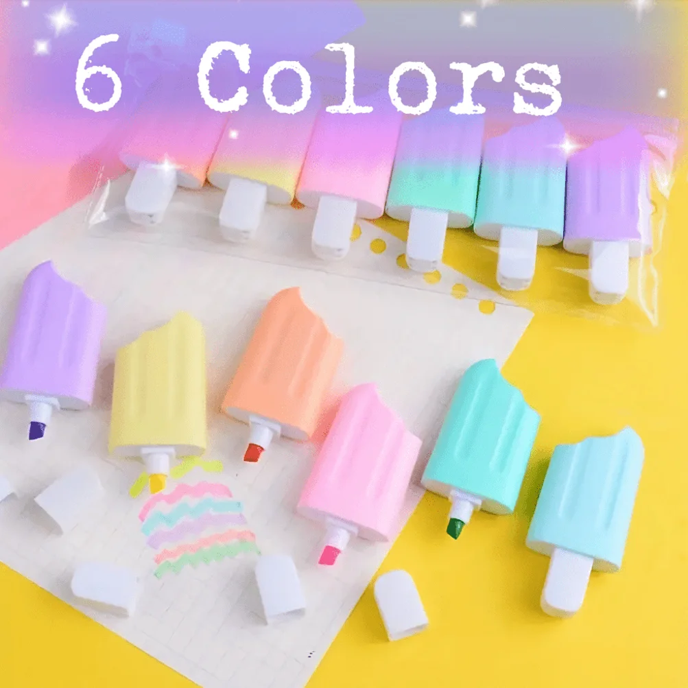 Set de 6 Marcadores Creativos con Diseño de Helado, Punta Suave, Colores Surtidos, Set de Papelería Portátil para Notas Escolares y Uso en la Oficina