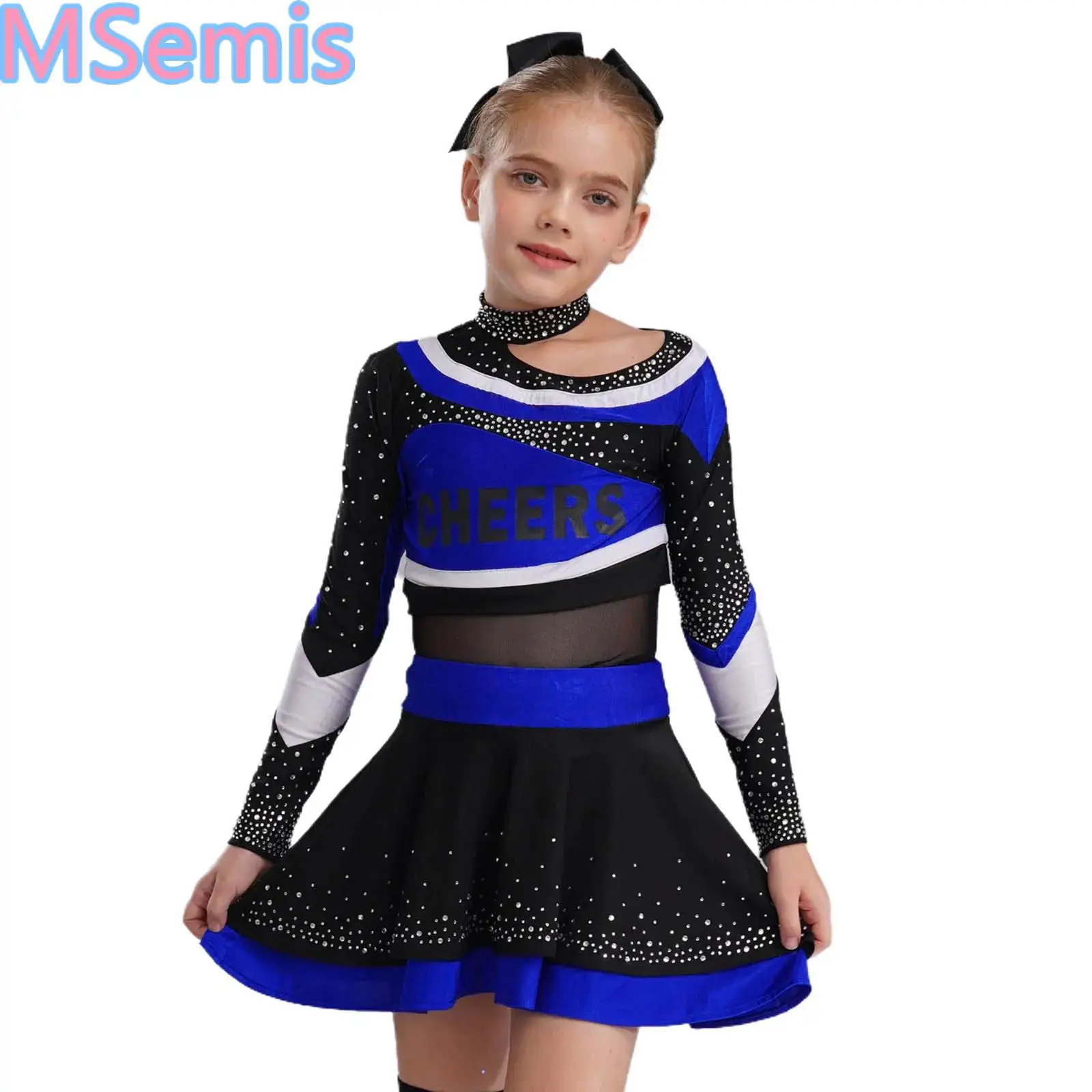 Kids Girls Cheerleading Sets High School Stage Performance Costume Long Sleeve Letter Print Color Block Top with Skirt