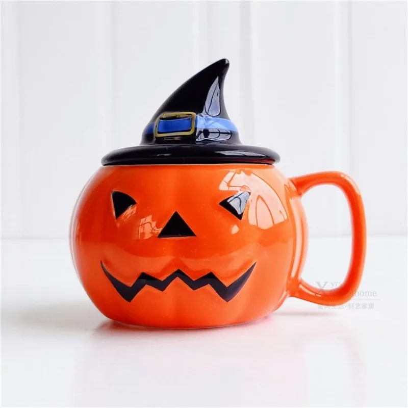 Taza de café con forma de calabaza Imp, Taza de cerámica, taza de desayuno de Halloween con tapa, taza de dibujos animados, decoración de