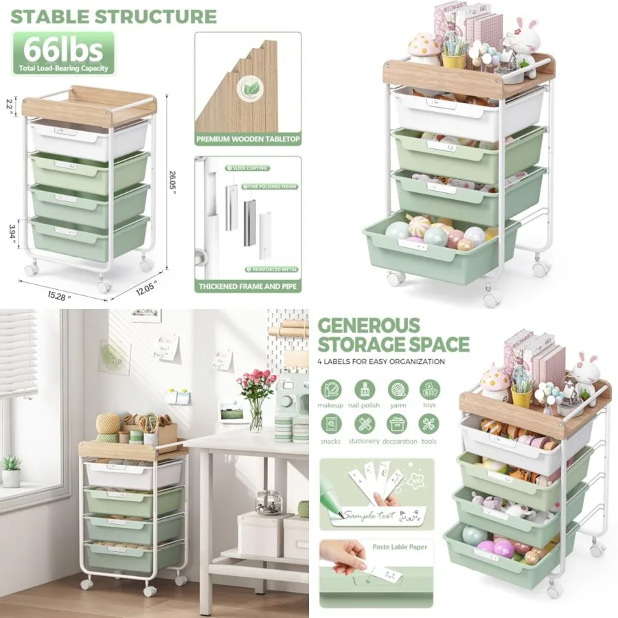 

Rolling Storage Utility Cart with 4 Drawers Craft Art Cart Makeup Organizer and Storage with Wooden Tabletop Green