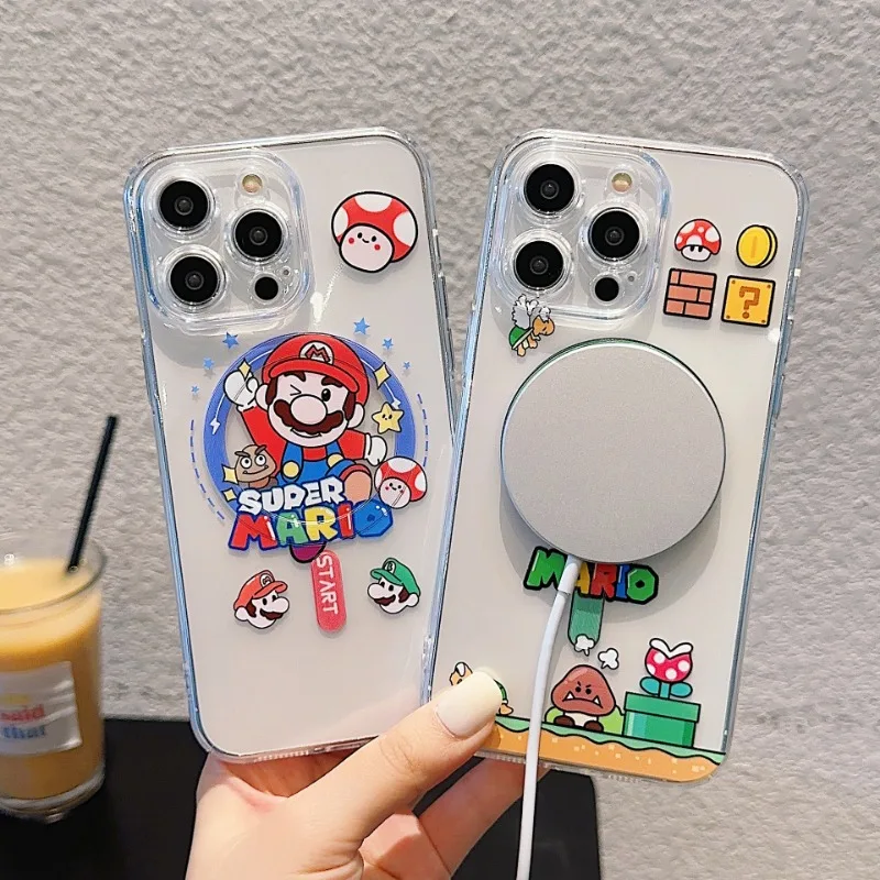 

Super Mario Bros Transparent Phone Case for IPhone 15 14 13 12 11 Ro Max Cartoon TPU Soft Magnetic Wireless Charging Back Cover