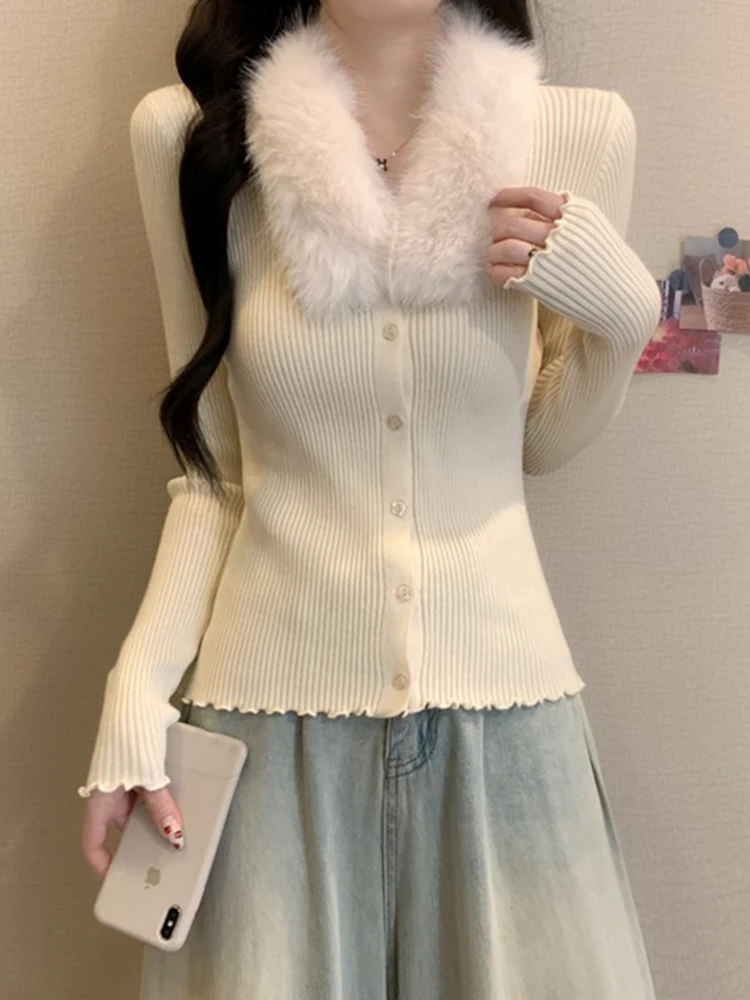 

Ele Long Sve Knitted Sweater Women's Autumn Winter Slim Fit Removable Fur Collar Top Korean Sle Soft Material