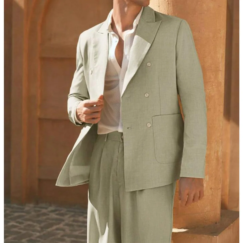 

Men's Suit Two-piece Set Linen Double-breasted Collar Cool Breathable Slim Casual Fashion Suit Comfortable Business Suit Male