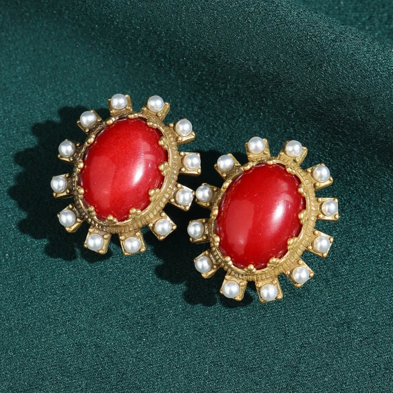 

Vintage Red Agate With Pearl Earrings Quality Jewelry Gift For Women Retro Luxury Elliptical Designers Brand Trending 2026 New