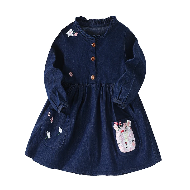 Little maven Children\'s Clothing Baby Girls Princess Dress Autumn Long Sleeves Cartoon Rabbits Embroider Cute Girl Denim Dresses