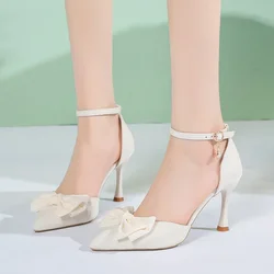 2024 Summer Sandals Woman New Slim Heel Shoes with One Line Buckle Hollow Pointed High Heels Fashion Bow Women's Shoes