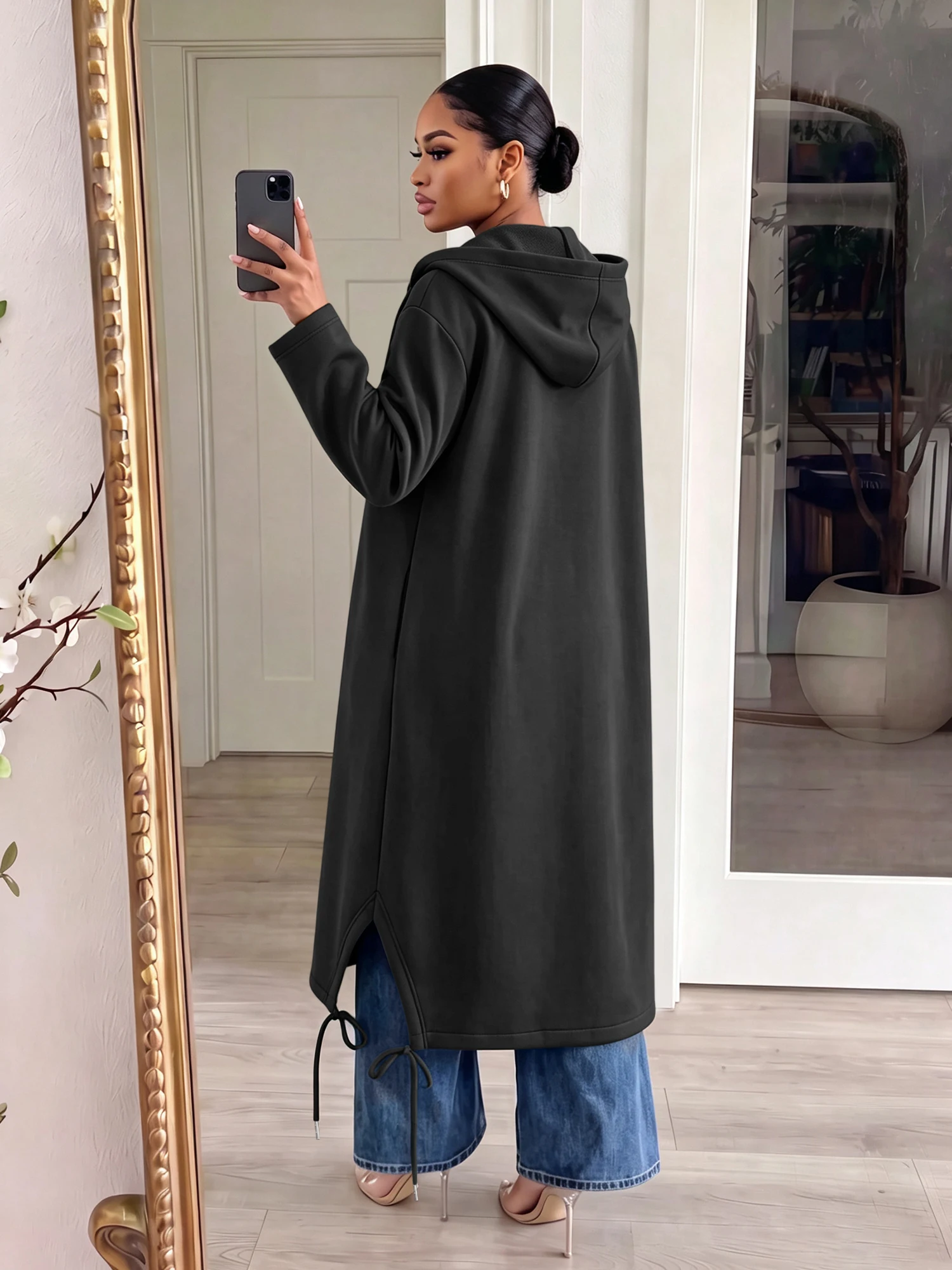 Women Loose Long Hoodie Cardigan Full Zipper Front Side Drawstring Hem Split Oversized Streetwear Outerwear