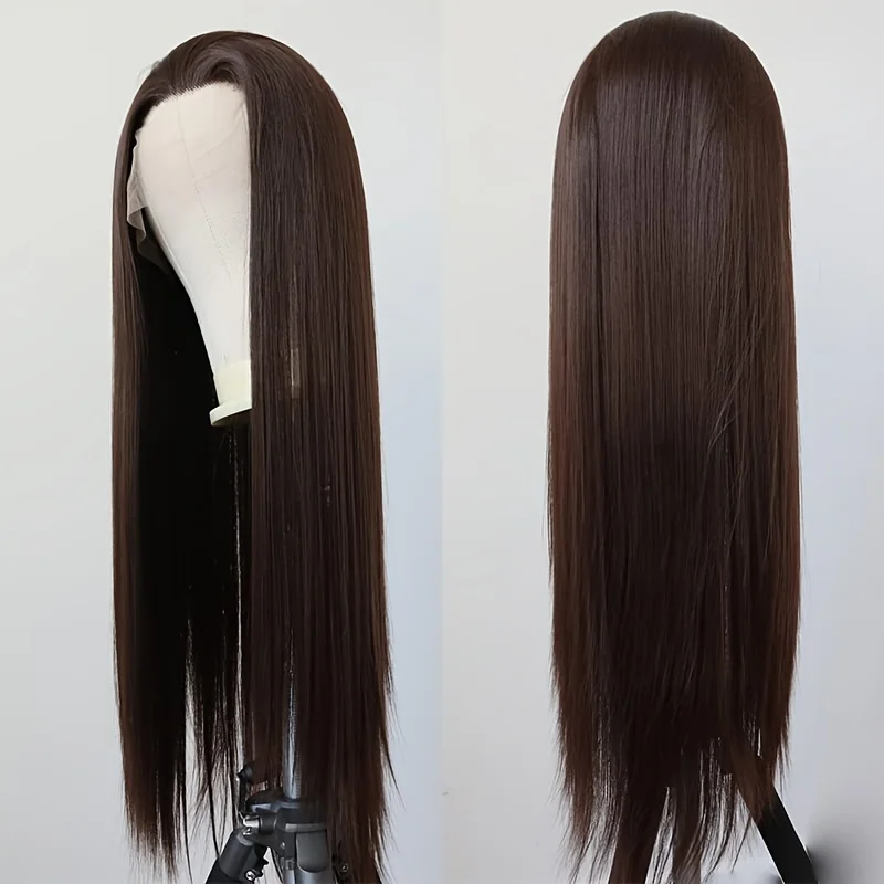 Chic Brown Long Straight Lace Front Wig for Women Heat Resistant Synthetic Fiber, 13x4 Free Part Design, Versatile & Comfortable