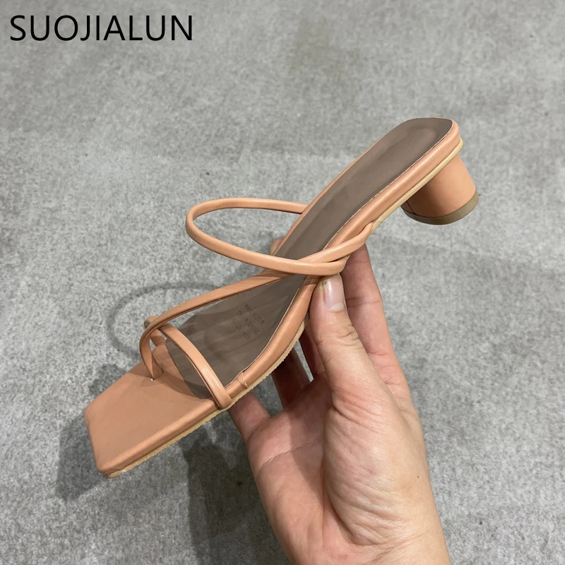 SUOJIALUN Summer Square Low Heel Women Slipper Fashion Narrow Band Ladies Sandal Outdoor Beach Casual Slides Shoes Big Size 40