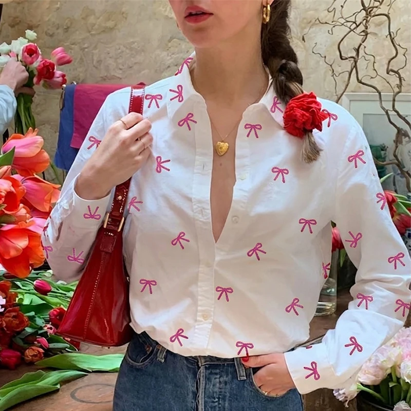 

Trendix Heart Print Blouse For Women 2026 Summer Street Casual Button Cardigan Tops Vacation Fashion Bow Long Sleeve Polo Shirt