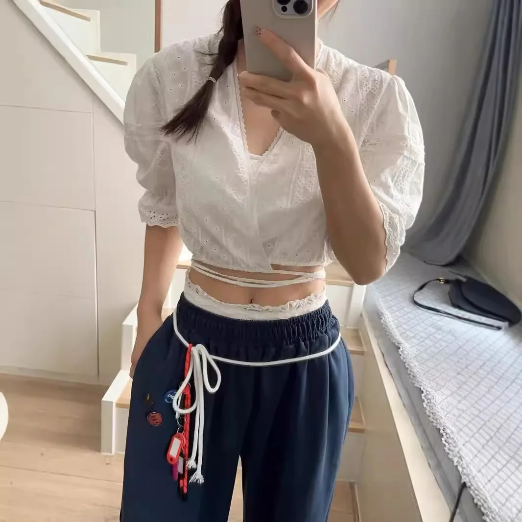 Frauen Elegante Feste Stickerei Bluse Frühling Sommer Casual Kurzarm V-ausschnitt Lose Hemd Büro Dame Kurze Übergroßen Tops