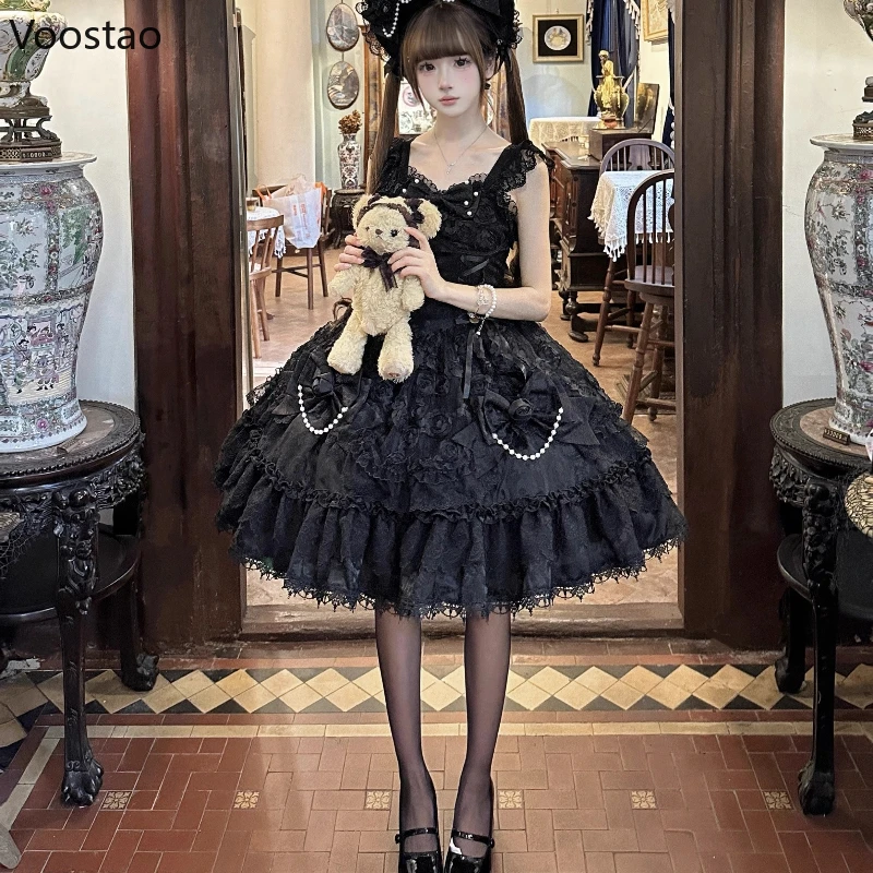 yue…♡︎ Victorian Gothic Lolita Jsk Dress Women Sweet Bow Lace Ruffle