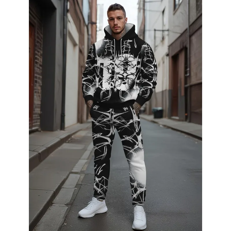 الربيع والخريف العصرية نمط الشارع الرياضة 3D المطبوعة الرجال العادية هوديي والوايفر قطعتين مجموعة