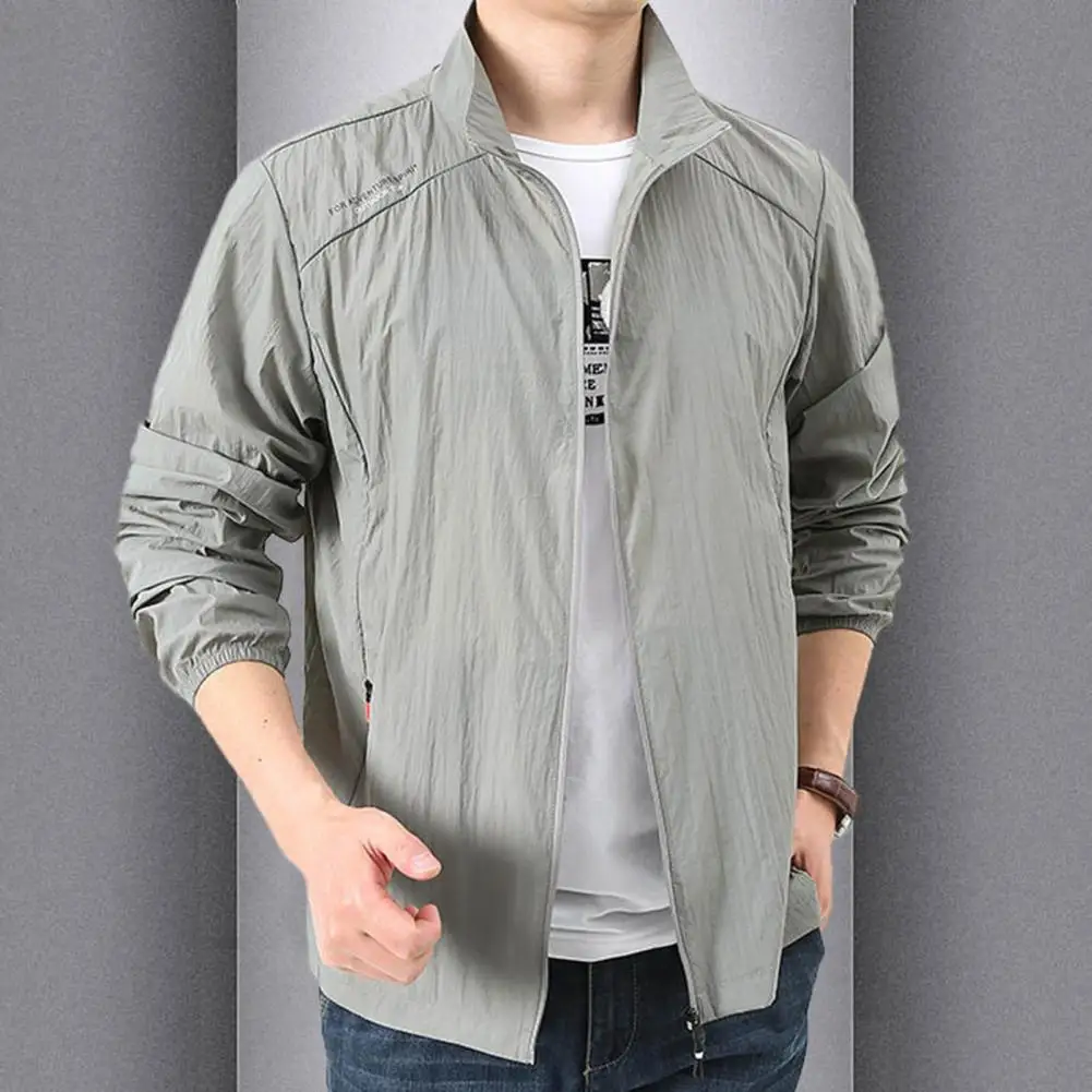 Men Lightweight Summer Coat Lapel Long Sleeve Sun Protection Jacket Ice Silk Thin Outdoor Jacket Windproof Foldable Men Raincoat