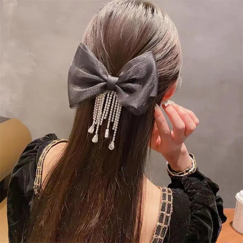 

New Sparkling Bow Headpiece Mesh Light Luxury Diamond Set Spring Clip Temperament Womens Tassel Hairpin Hair Accessories