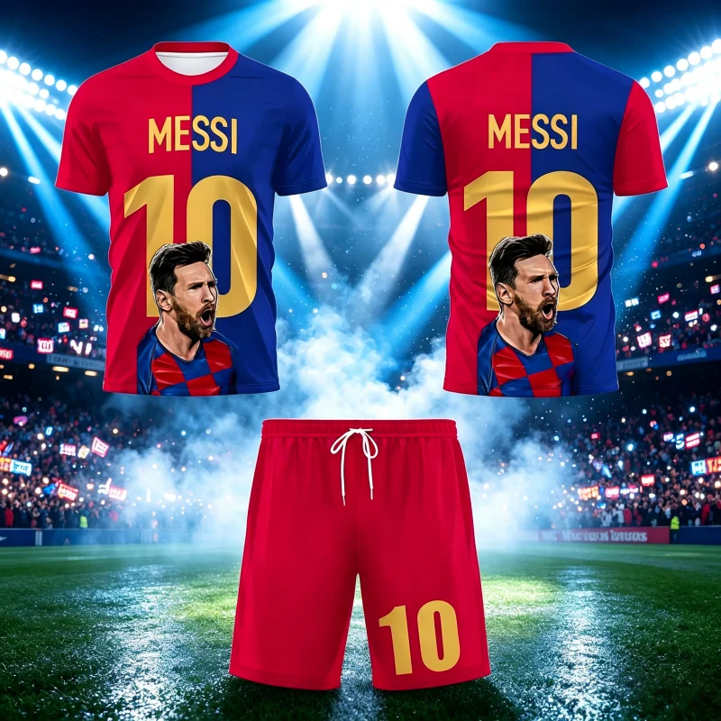 Summer New Messi # 10 Quick Drying Football Jersey Sports Training Short Sleeved T-shirt and Shorts Set Loose Family Kids Tees