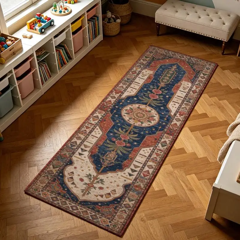 Blue Red Vintage Oriental Medallion Runner Rug Washable Boho Long Hallway Carpet Corridor Floor Mat for Entryway Kitchen Home Decor