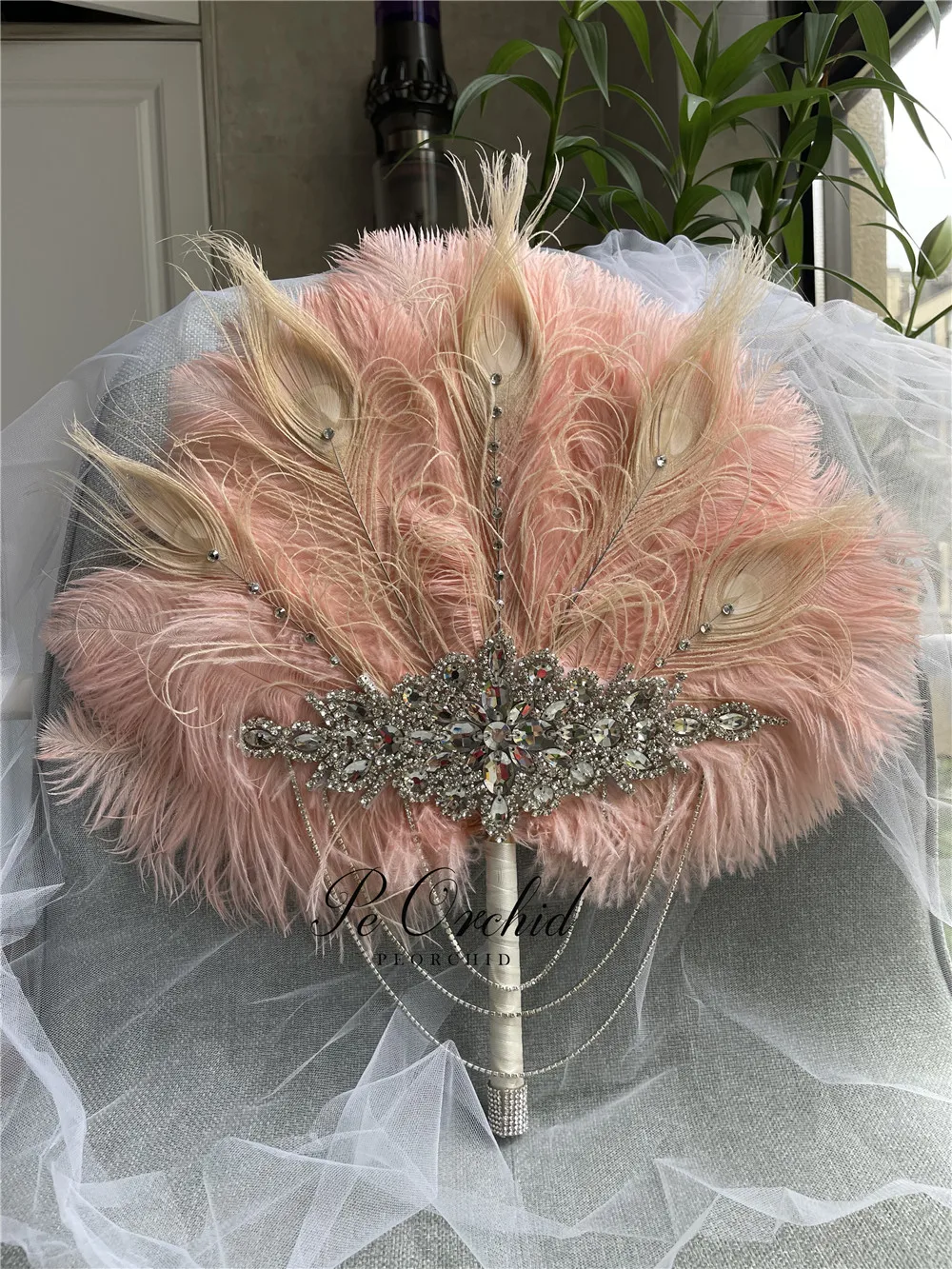 PEORCHID Luxury Pink Crystal Wedding Feather Fan Gatsby Theme Bridal Bouquet Engagement Hand Fan Brides Roaring 20\'s Bouquet