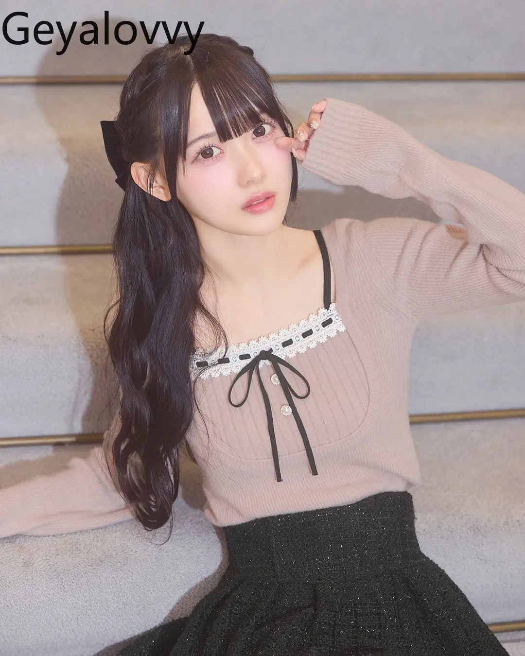 

Autumn Winter New Japanese Style Lace Bow Knitted Long Sleeve Tops Sweet Cute Girls Fashion Versatile Square Neck Pullover