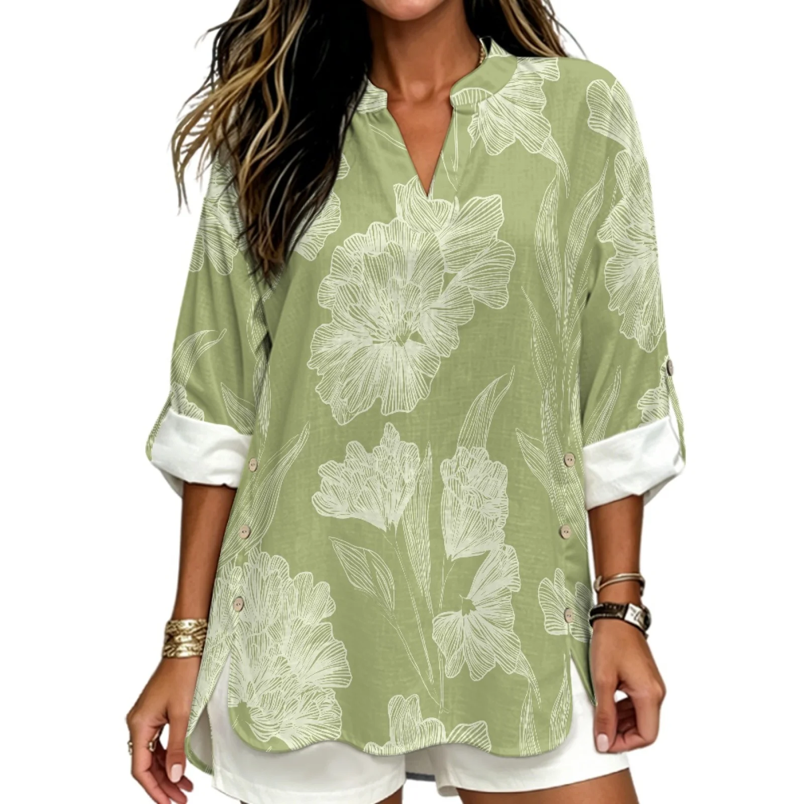PENSTROLL Oversized Linen Like Loose Fit Blouses Trendy Women's Long Sleeve Tops for Beach Walks Line Art Floral