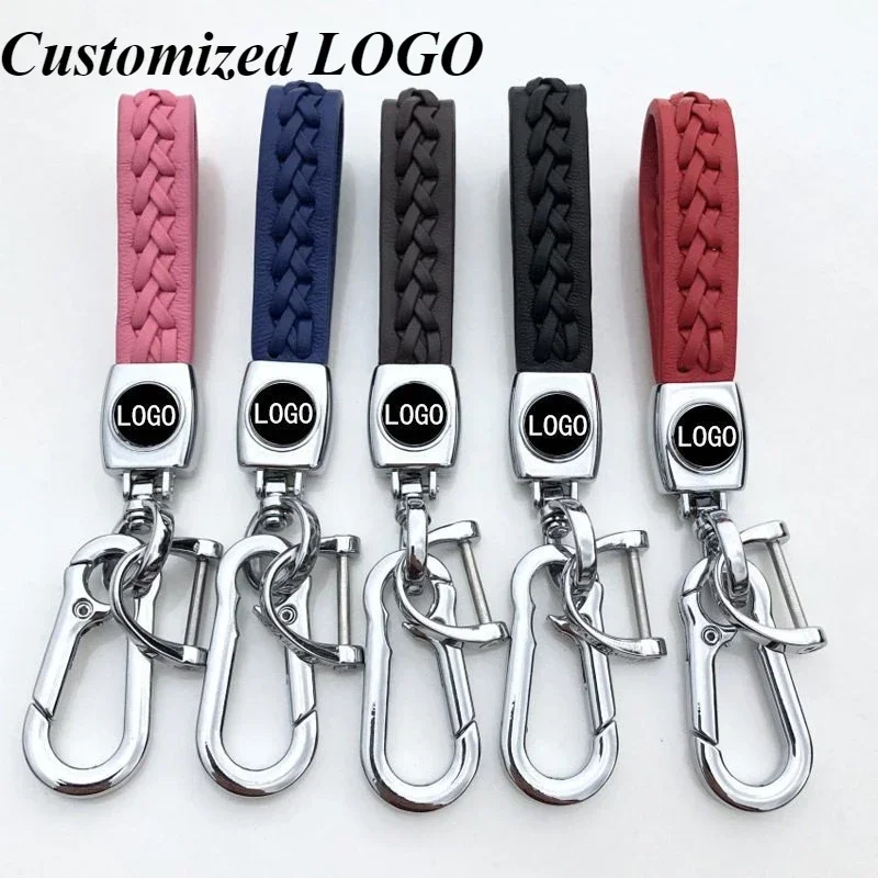 Custom Logo Fashion High-end Hand Woven Leather Car Keychain Personalized Keyring Laser Engrave Key Ring Gift Wholesale