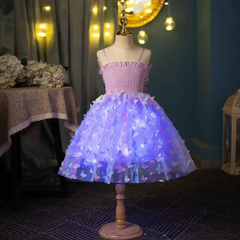 Vestido de malla con estampado de mariposa en 3D para niña, traje de princesa hinchada con alas púrpuras, de 3 a 8 años, 2024