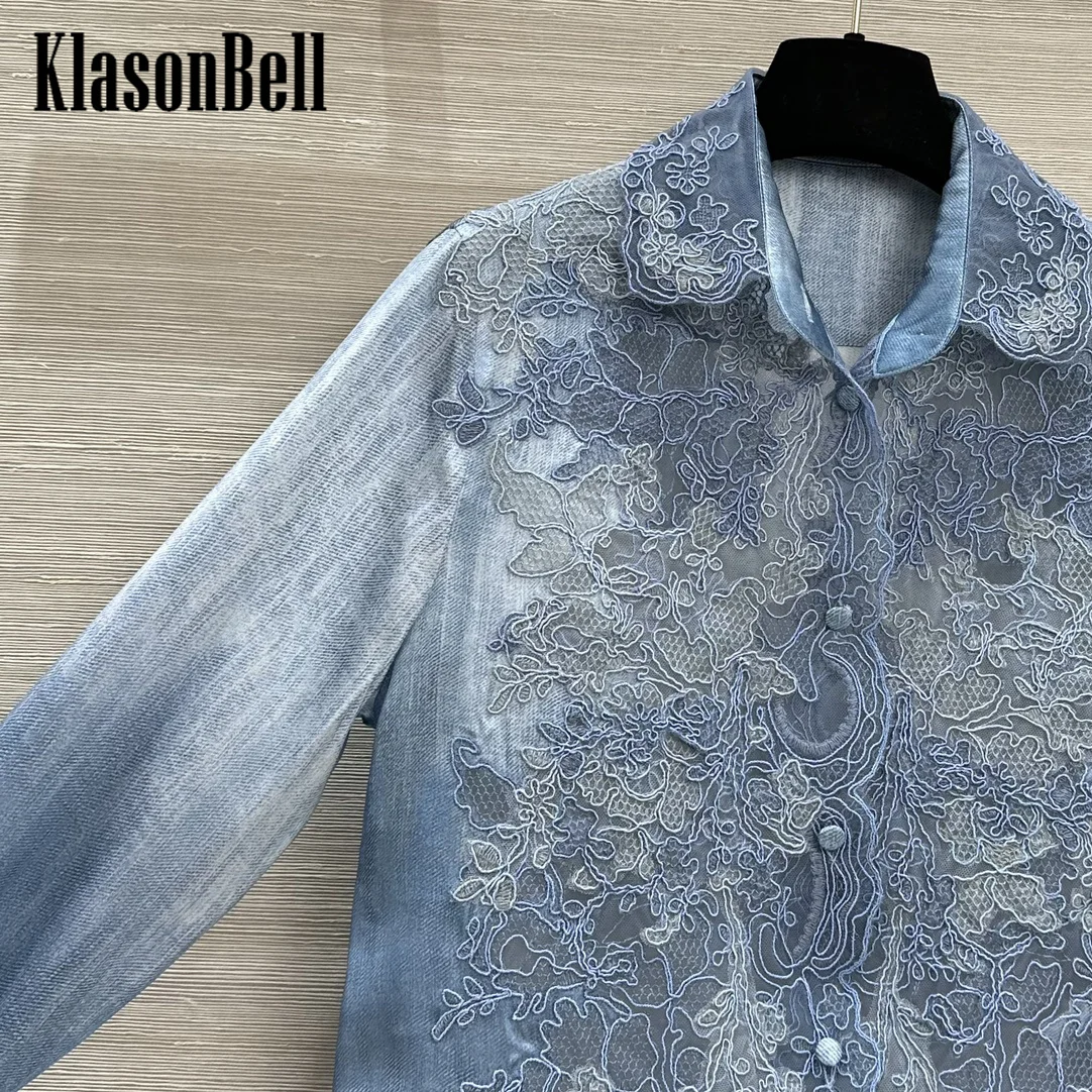 7.25 KlasonBell Women Lace Applique Embroidery Single Breasted Shirt Tie-Dye Print Blue Long Sleeve Loose Blouse