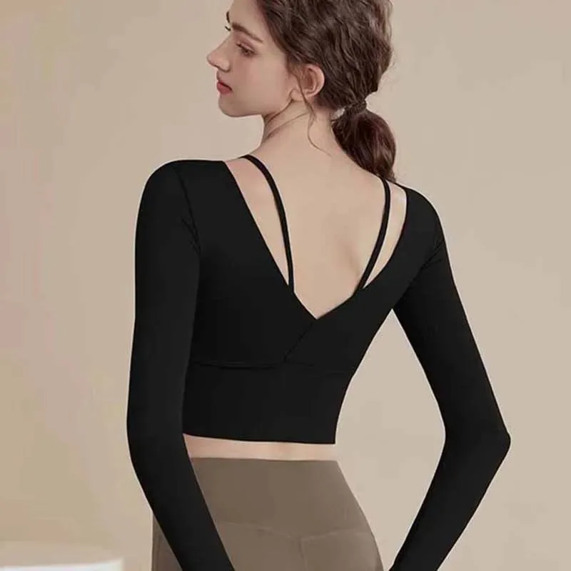 

Женская сексуальная спортивная рубашка сзади, укороченный топ для фитнеса, спортивная одежда для йоги, спортивная одежда для пилатеса с длинными рукавами, топы для тренировок в тренажерном зале