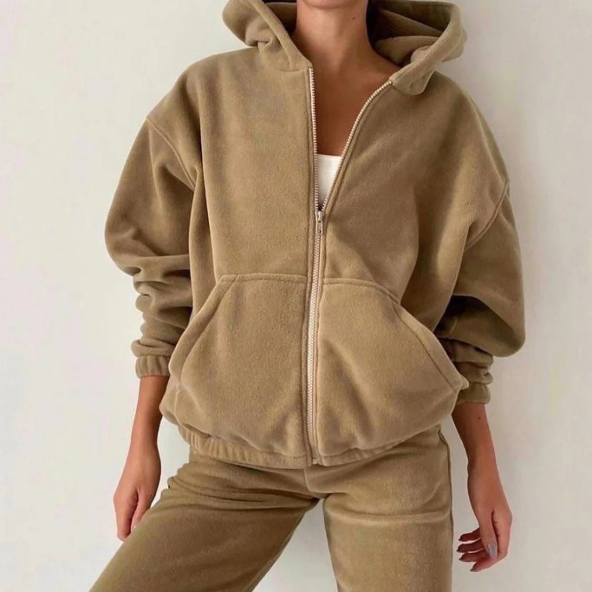 

Casual Women's Wool Hoodie Two-piece Set Hooded Zipper Jacket Trousers Suit Winter Oversized Warm Hoodie Streetwear Sports Suit