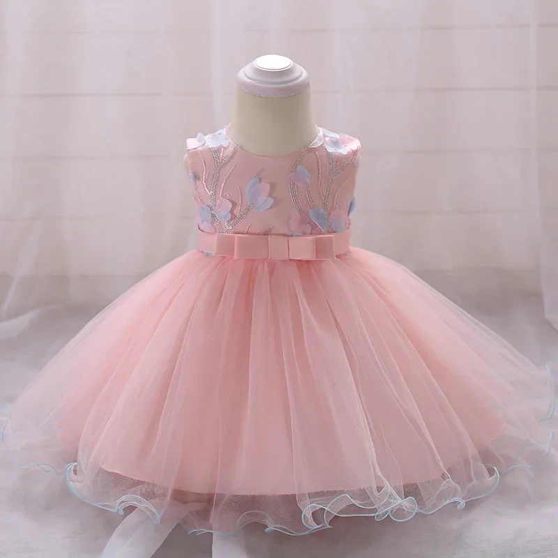 Baby Girl Dress Flower Sequin Bow Birthday Dress Three-dimensional Flower Mesh Princess Dresses Wedding Party Flower Girl Dress