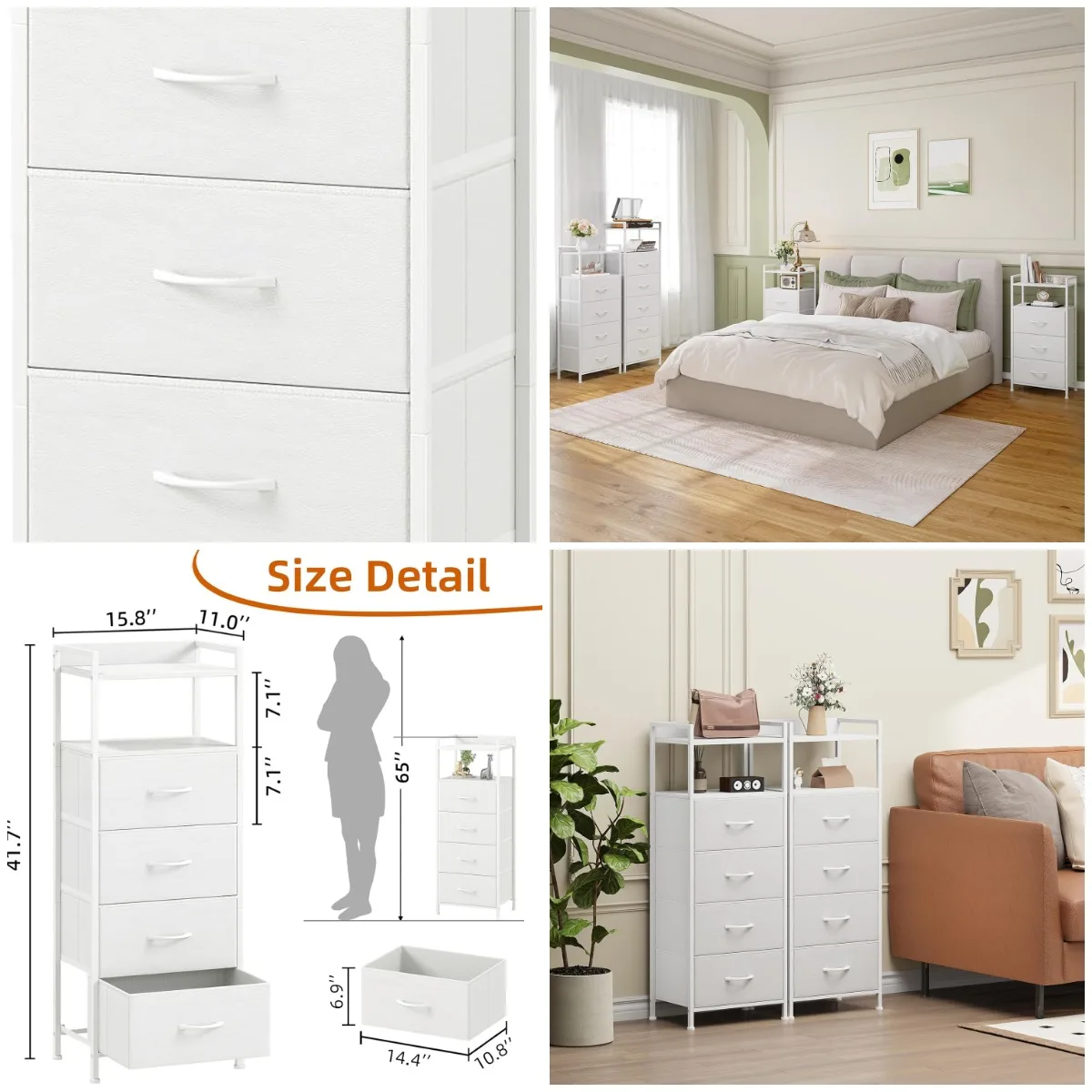 

Белая тумбочка с 4 ящиками, тканевый комод, стальной каркас, деревянная столешница, легко выдвижные ящики