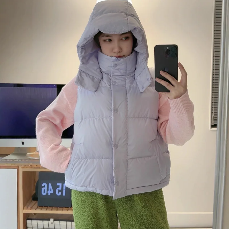 سترة نسائية بغطاء رأس منتفخة قصيرة خفيفة الوزن دافئة مبطنة بدون أكمام جاكيت مريح لملابس الشتاء الخارجية غير الرسمية للاستخدام اليومي بأربعة أنماط شبكية #3