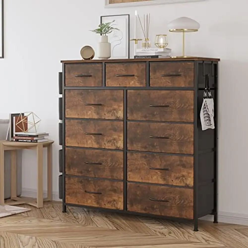 11-Drawer Fabric Storage Dresser with Side Pockets & Hooks Rustic Brown Wood Top Steel Frame