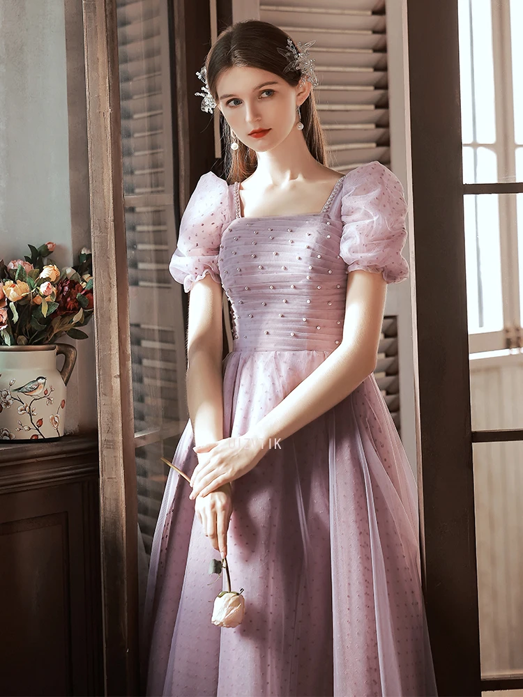 2025 New Customized Long Pink Tulle Wedding Photoshoot Dresses A-Line Square Neck حزب اللباس Floor Length Prom Dress for Women