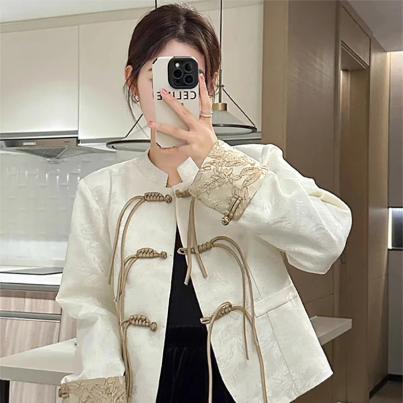 

Women's New Chinese Short Pan Button Blazer Coat Vintage Elegant Embroidery Spliced Tassel Pan Button Standing Neck Jacket Coat