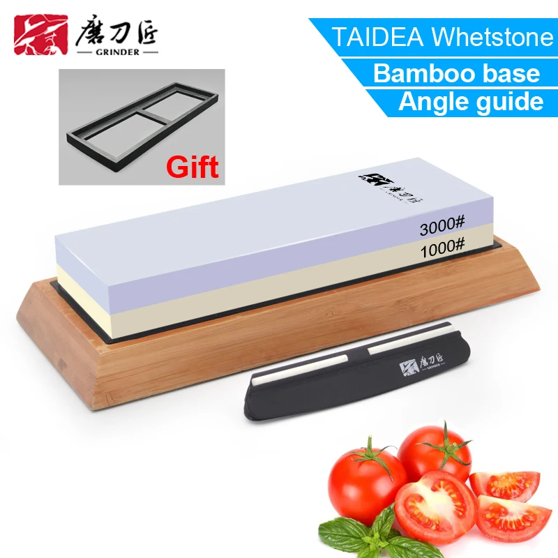 TAIDEA Sharpening Stone Kitchen Knife Sharpener With Angle Guide Bamboo Base Knives Grinder Grit 1000 3000# Whetstone Apex egde