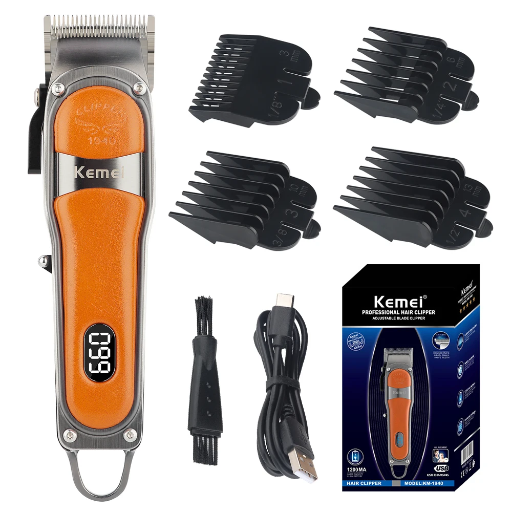 

Kemei KM-1940 Adjustable Hair Trimmer Rechargeable Electric Cutting Machine Golden Metal Body Carbon Steel Blade Hair Clipper