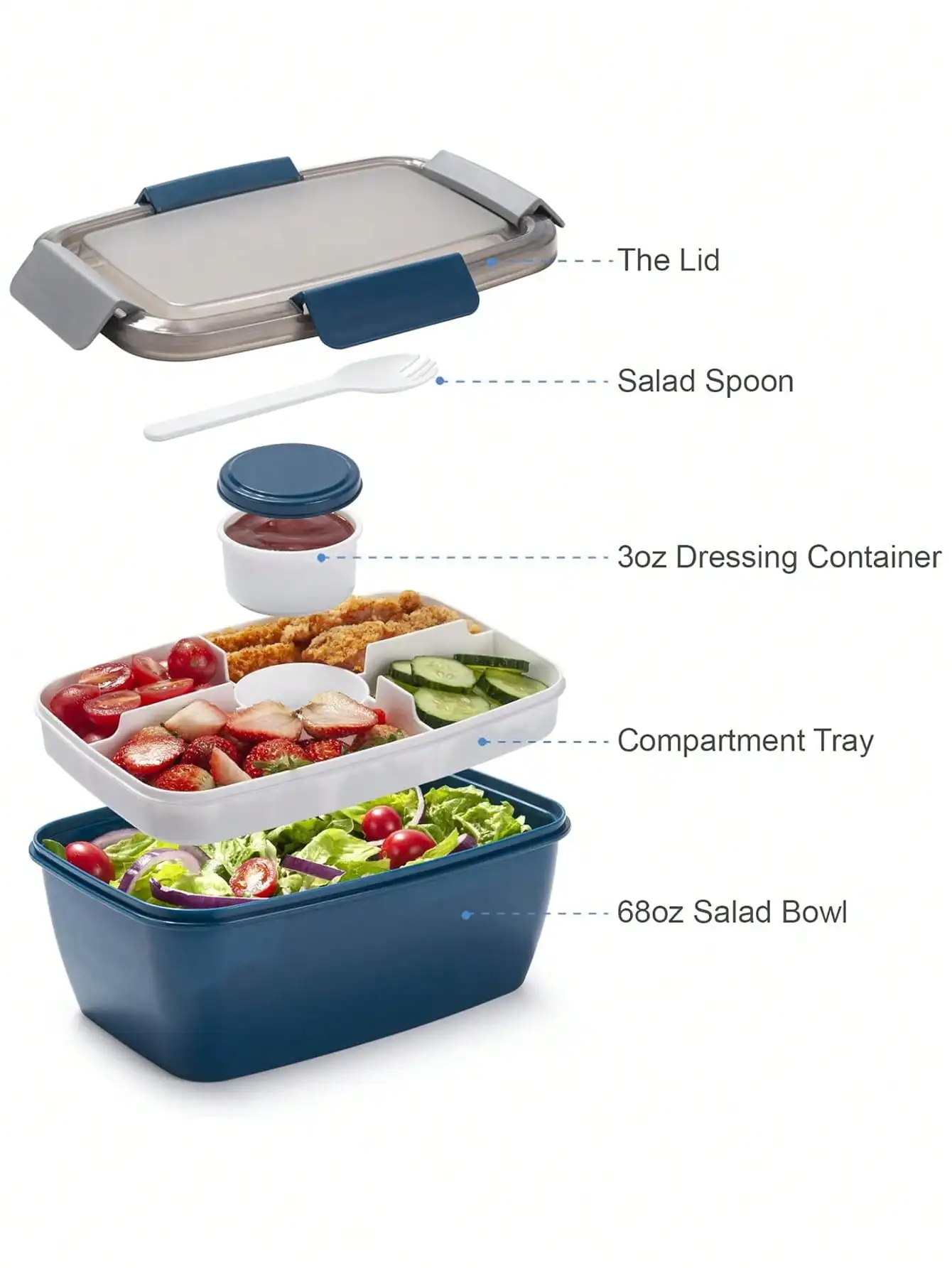 1pc All-In-One Salad Container - Large Salad Bowl, Bento Box Tray, Leak-Proof Dressing Container, Sealed Lid, Adult Healthy Lunch Fork; Dishwasher/Microwave Friendly, Kitchen, Christmas Gift