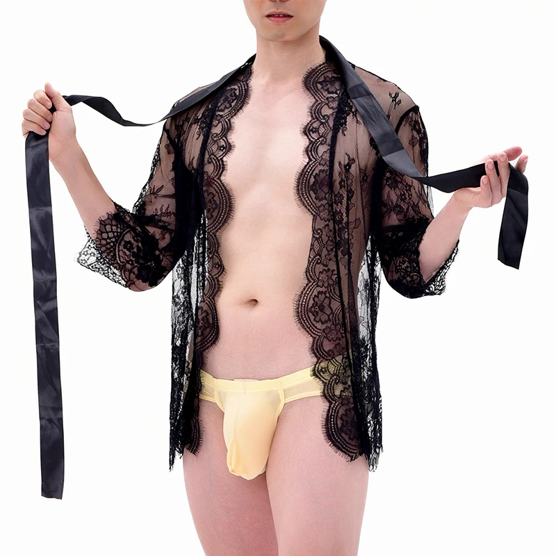 

Men's Sexy Porn Ultra-thin perspective Lace Short Bathrobe Nightdress Mesh Openwork Pajamas Men Exotic Lingerie Clothing