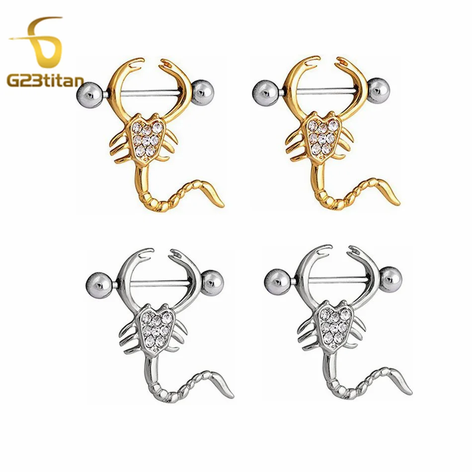 G23Titan 2pcs Crystal Scorpion Nipple Ring 14G Stainless Steel or Titanium Barbell Nipple Piercing For Women Sexy Beach Jewelry