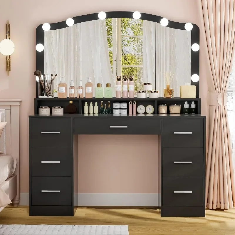 Vanity Desk with Large Lighted Mirror, Makeup Vanity Table with 7 Drawers & 10 Lights Bulbs, 3 Lighting Colors,