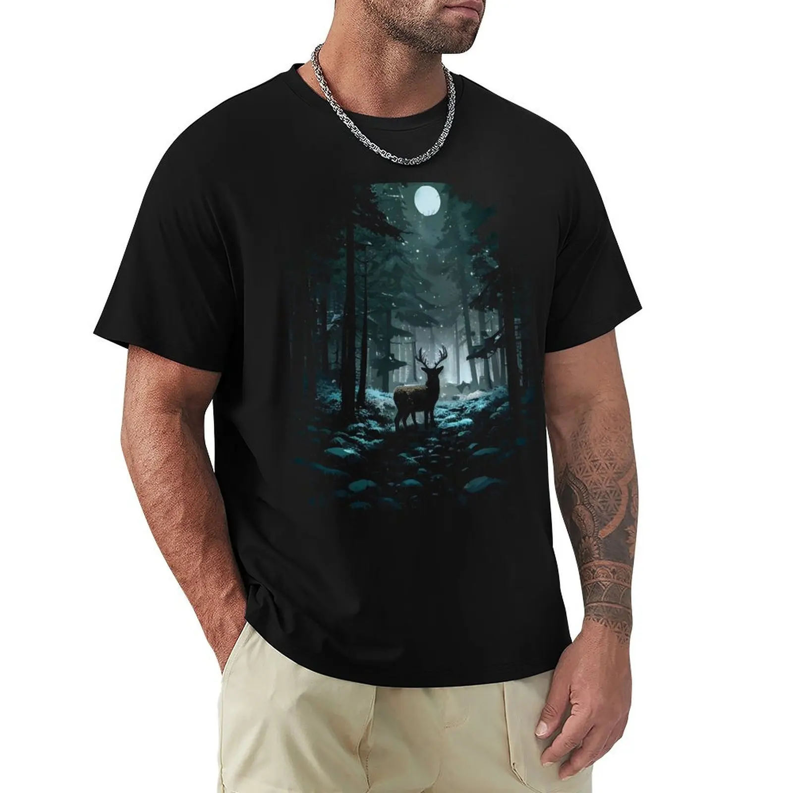 Winter Woods Deer - Night Snow and Moon T-Shirt t shirts for man cotton funny T-Shirt