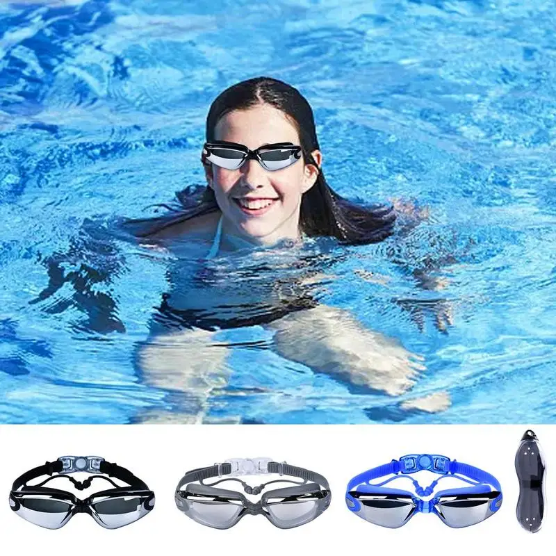 Swimming Goggles With Earplug Waterproof HD Electroplate Large Frame Goggles For Adult Uv Protection Clear Anti-Fog Lenses Swim