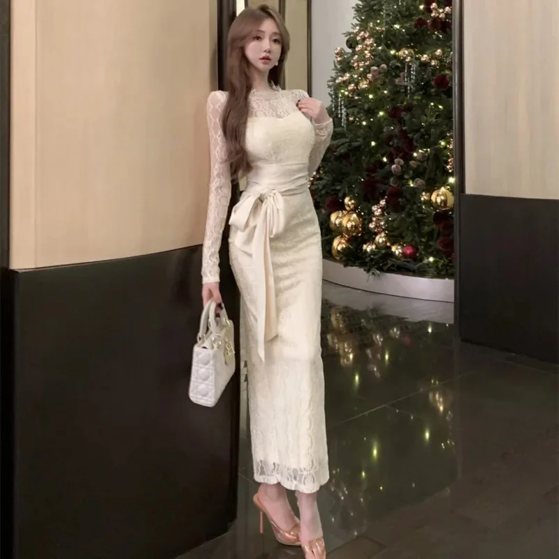 Sexy Solid Lace Patchwork Long Dress Women Shoulder Sheer Lace Up Slim Fit Bodycon Dresses Spring Elegant Long Sleeve Party Robe