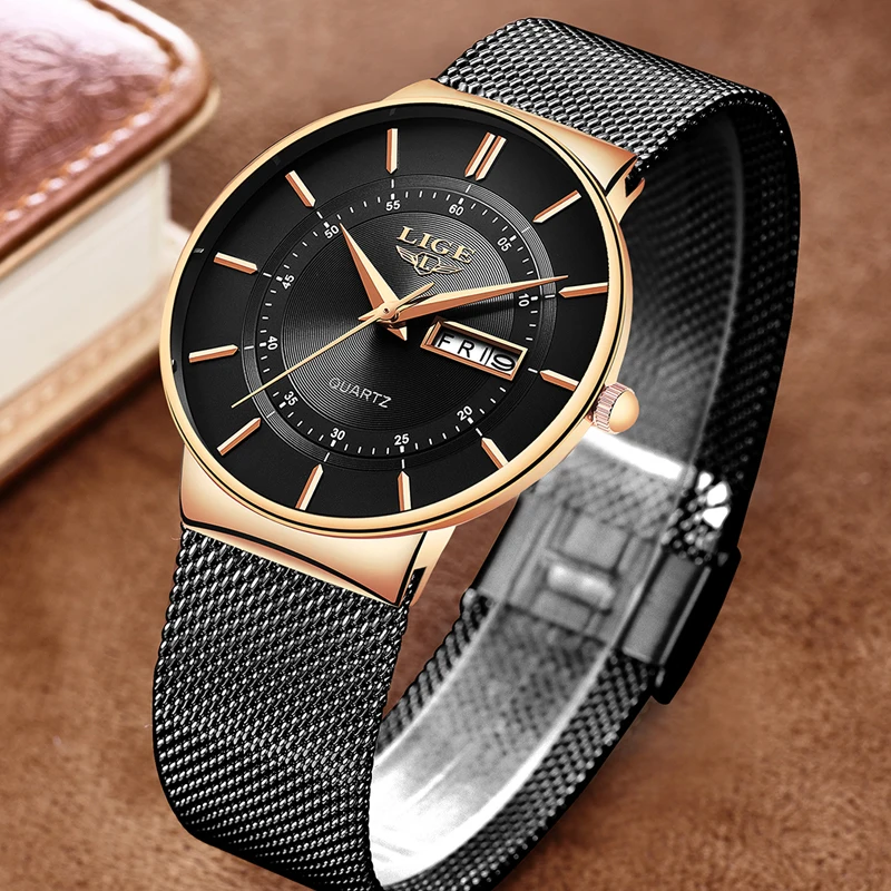 LIGE 2026 رقيقة جدا الفاخرة الرجال الساعات مقاوم للماء تاريخ ساعة الذكور الصلب حزام ساعة كوارتز عادية الرجال الرياضة ساعة معصم رجل